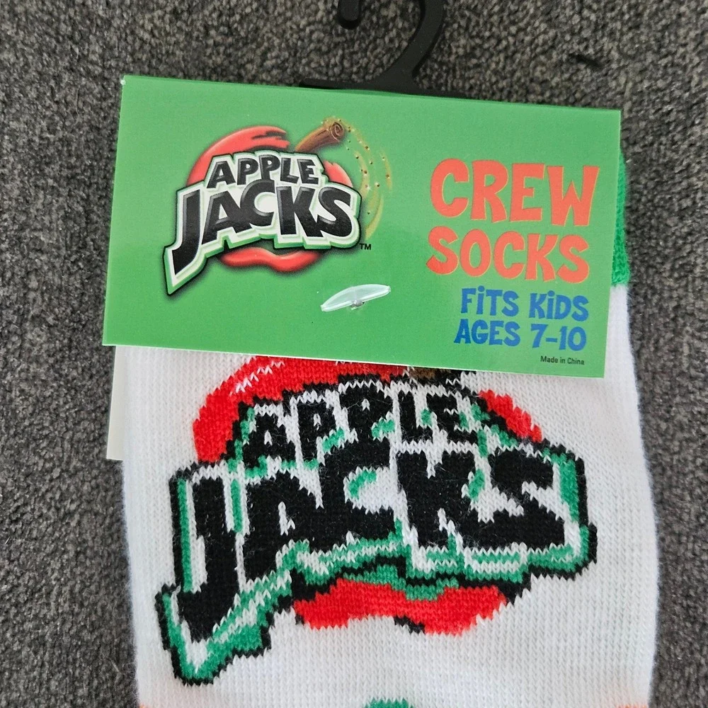 Kellogg's Apple Jacks Kids Crew Socks Ages 7-10 White Green NEW